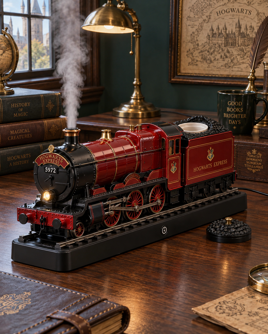 Hogwarts Express humidifier with a glowing headlamp and front chimney mist